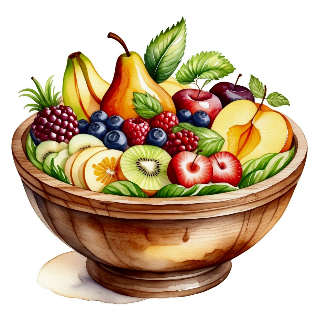 There are salad made of different fruit , fresh and creamy, served in classy medieval age wooden bowl, illustration, baking ingredients, isolated with solid white background, surrounded with negative space, centered composition, 8k, highest detailed painting, very precise painting, Isolated, clear solid white background, perspective angle of view, ((watercolor:1)), clip art, (lora:add-detail-xl:1), (masterpiece), (best quality), no bread on the floor,
