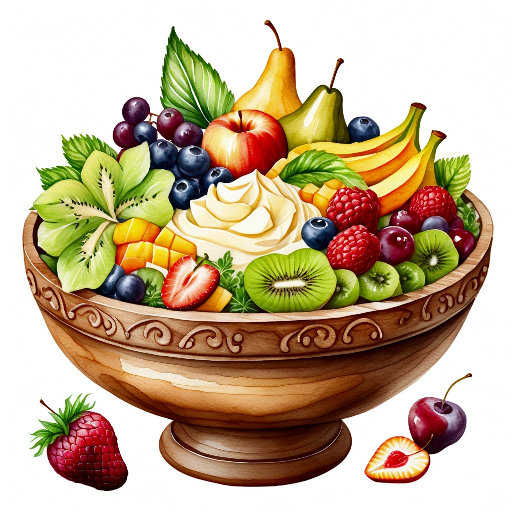 There are salad made of different fruit , fresh and creamy, served in classy medieval age wooden bowl, illustration, baking ingredients, isolated with solid white background, surrounded with negative space, centered composition, 8k, highest detailed painting, very precise painting, Isolated, clear solid white background, perspective angle of view, ((watercolor:1)), clip art, (lora:add-detail-xl:1), (masterpiece), (best quality), no bread on the floor,