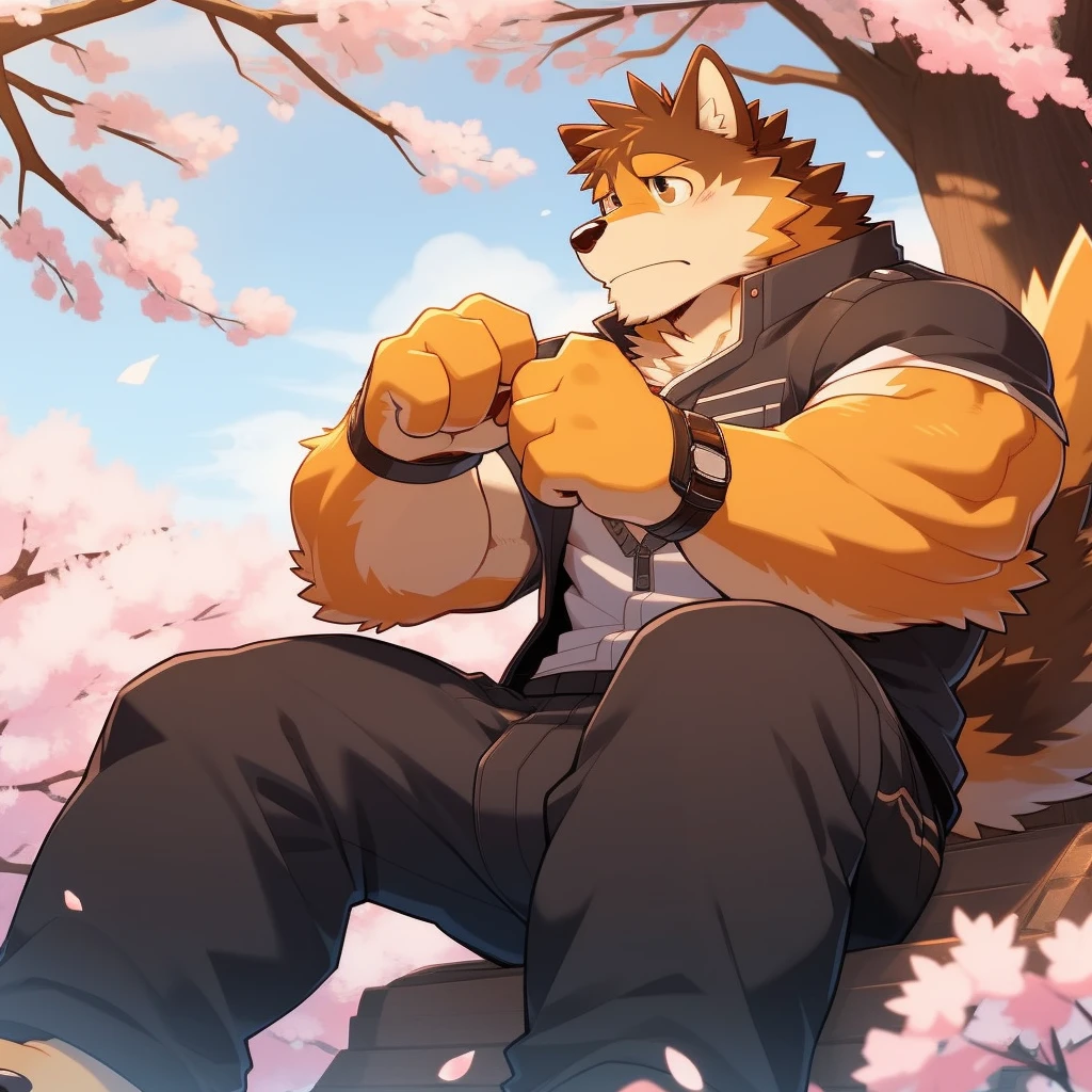 Scribble 柴dog face,Cute face,Humanity(dog),(Casual Wear:1.3),Muscular,(Brown eyebrows:1.1),(Perfect black eyes),（artist:Takemoto Arashi）,(Bulging buttocks),(Foam)，Cherry blossoms，Sitting，Sad expression，Wolf Tail。