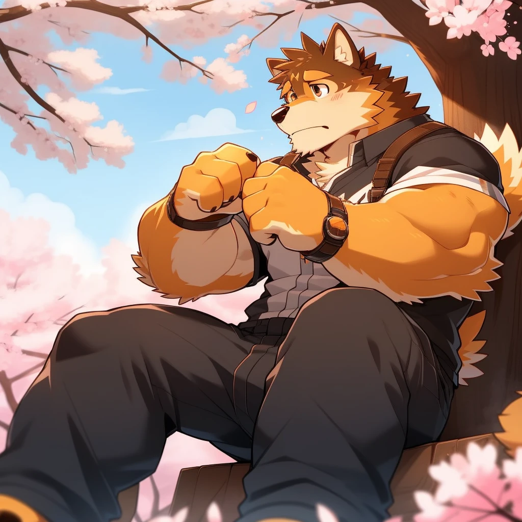 Scribble 柴dog face,Cute face,Humanity(dog),(Casual Wear:1.3),Muscular,(Brown eyebrows:1.1),(Perfect black eyes),（artist:Takemoto Arashi）,(Bulging buttocks),(Foam)，Cherry blossoms，Sitting，Sad expression，Wolf Tail。