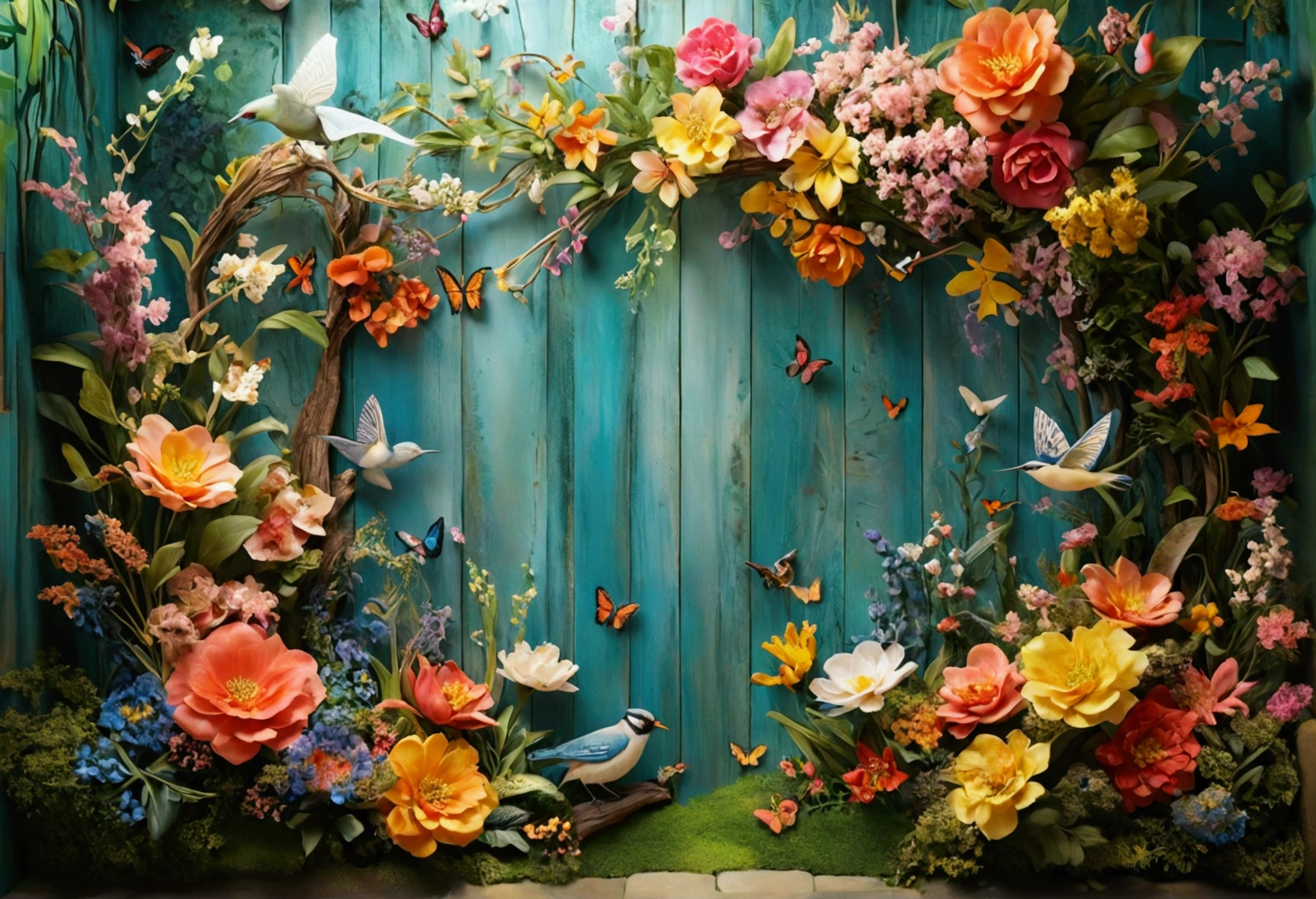 Create an enchanting garden-themed backdrop for your photo shoot。The element is flowers、butterfly、wood、birds, etc.、Very colorful。