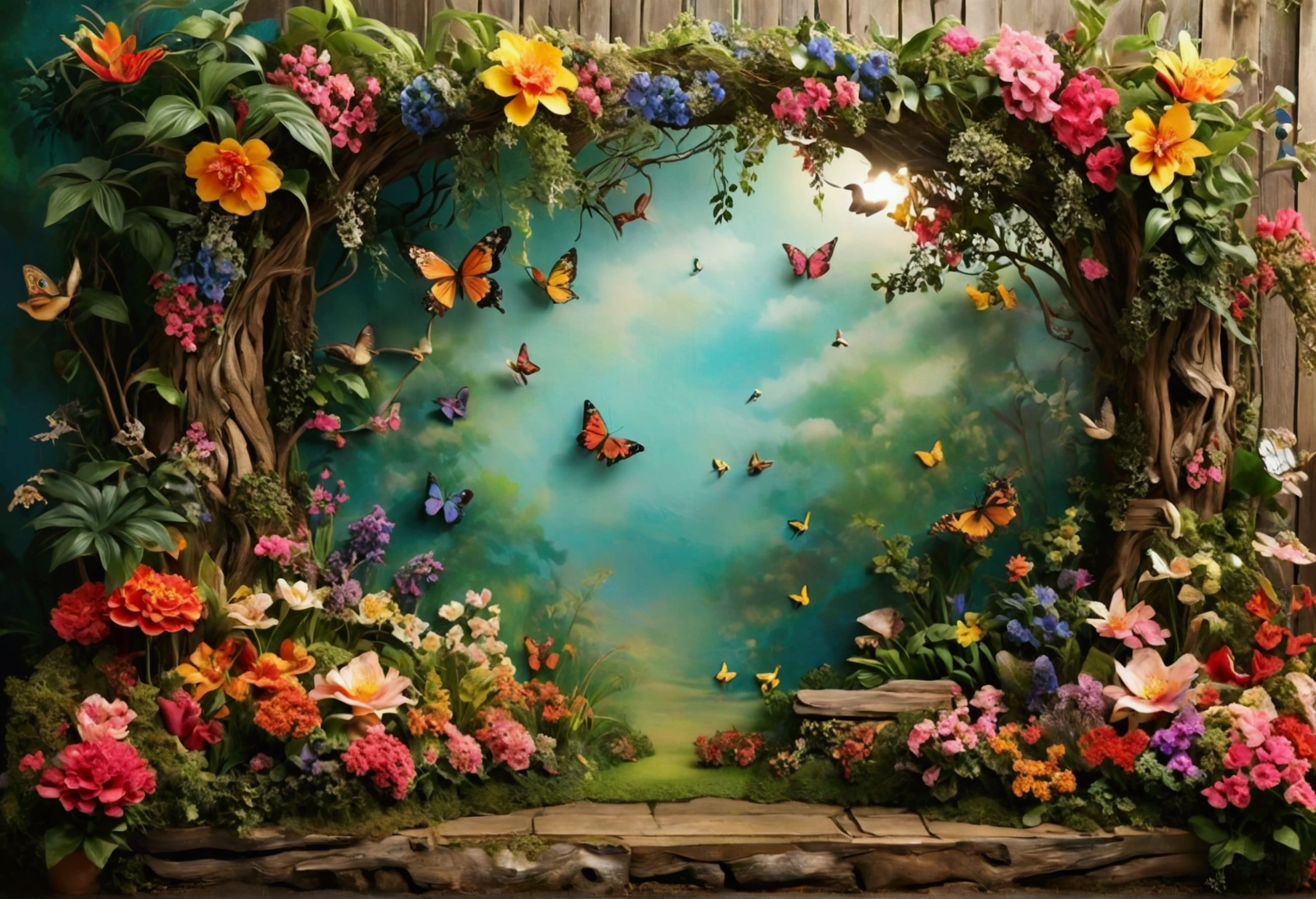 Create an enchanting garden-themed backdrop for your photo shoot。The element is flowers、butterfly、wood、birds, etc.、Very colorful。