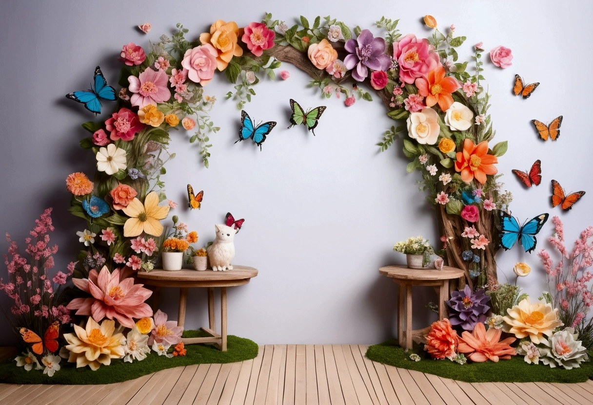 Create an enchanting garden-themed backdrop for your photo shoot。The element is flowers、butterfly、wood、birds, etc.、Very colorful。