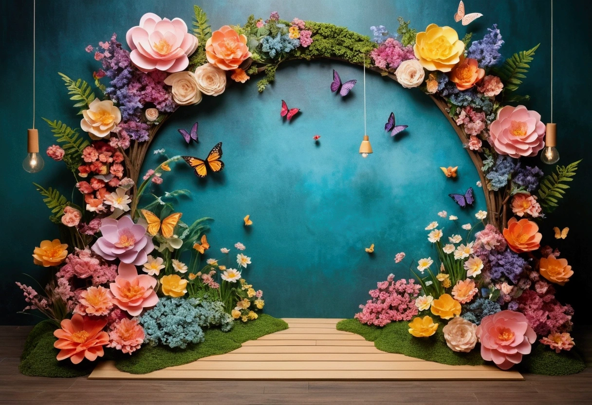 Create an enchanting garden-themed backdrop for your photo shoot。The element is flowers、butterfly、wood、birds, etc.、Very colorful。