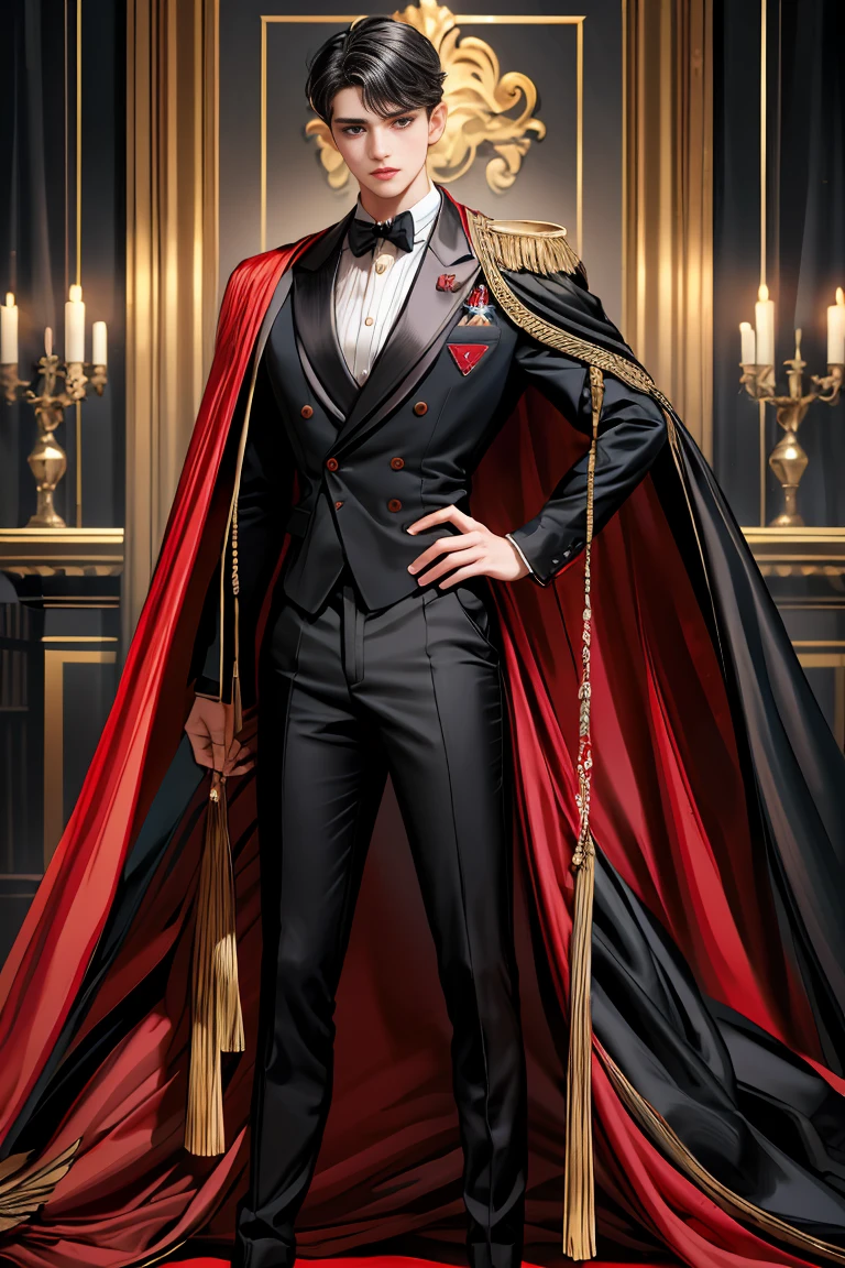 masterpiece, 最high quality, high quality, 1 boy, alone, Male focus, Watching the audience, Messy black hair, Adorable big blue eyes, White people, Noble, Noble,Sexy voluminous black and red cape、Tuxedo、A very voluminous, large, very large, very large, long, long red and black cape with a high stand-up collar, reaching down to the floor, made of a lot of fabric., 17 years old,Cute beautiful boys,Cute, cute, kind, handsome guy