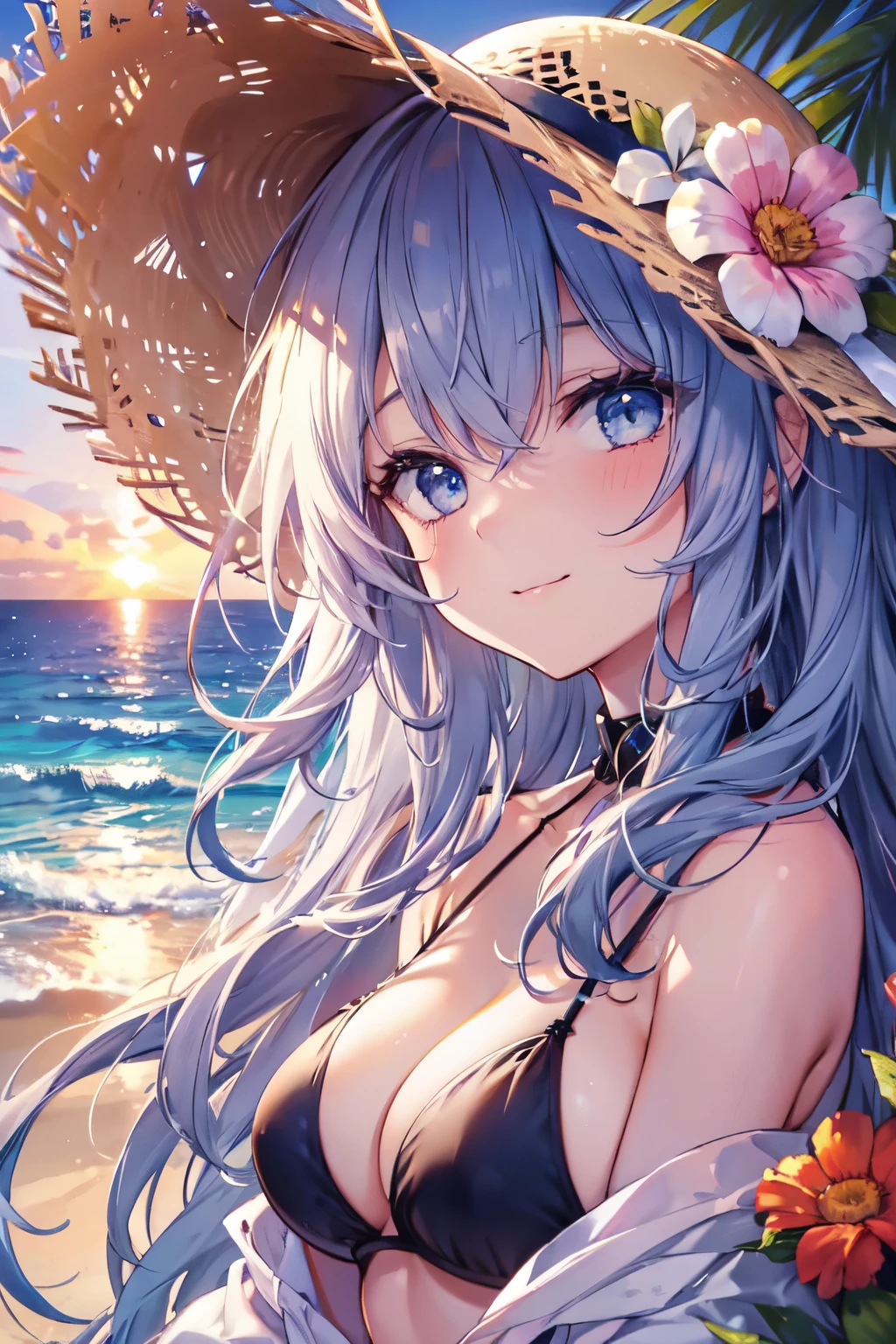 One Girl, long tied brunette hair, smile, blue eyes, Wink, View your audience, Wear a bikini, flower straw hat, (Beach), (sunset), evening, masterpiece, 8K, Perfect lighting, Perfect outfit, Perfect Anatomy, Perfect Eyes, Perfect Face, Sharp resolution, (Face close-up)