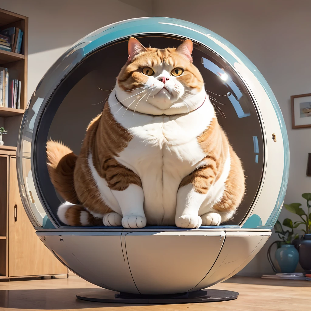 A fat cat, round like a sphere, is looking at me.