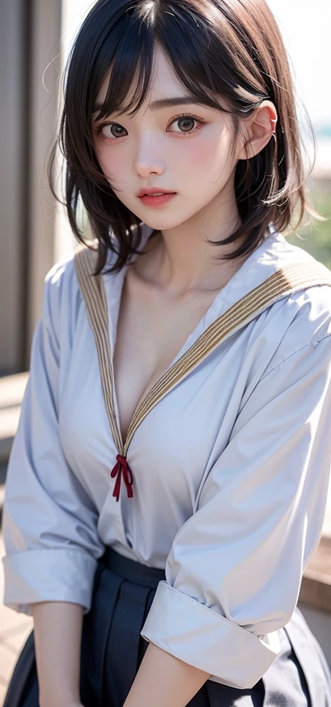 (1 nogizaka girl,ars old face,raw photo,photo realistic:1.5),(best quality, high quality,HDR, highest quality,ultra high resolution,high resolution,high res,ultra high difinition,huge file size,8K,2K wallpaper,8K wallpaper,high quality texture,amazing,an extremely delicate:1.4),one girl, Japanese famous idol,cute face,small face,absurd,ridiculous,incredibly ridiculous,blurry background,(school uniform,sailor suit,short hair,cleavage,no makeup:1.2),medium skin,beautiful skin,detailed skin,black hair,silky hair,black eyes,Japanese nose,5-fingers,(Light Particles, Lens Flare, Luminous Particles: 0.7),looking at viewer,bright lighting,professional lighting,girl