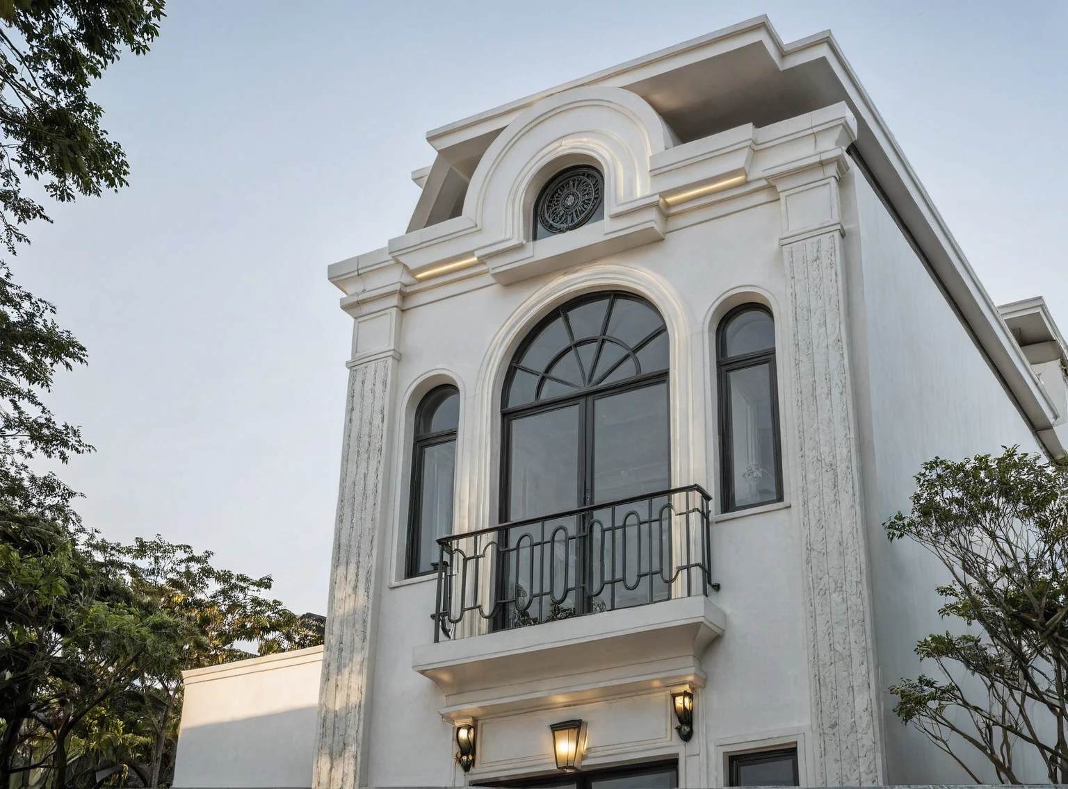 RAW photo,Neoclassical house exterior, Inspired by French architecture, neoclassical style, white, ((Very detailed sculpted moldings at the top of columns and walls)), roof French style house, townhouse in a residential area, The building is located in a residential area in Hanoi Vietnam urban area, white facade, gray door and gray windows facing the street, with curtains and lighting Warm yellow inside the house through the glass of the door, black steel railing, warm yellow light, (sidewalk), (sidewalk tree), (gate), (surreal), (super high detail :1.5), clean white sky, natural light, (curve architecture:1.2), (sharpen:1.2), 8k uhd, dslr, soft light, high quality, film grain, Fujifilm XT3