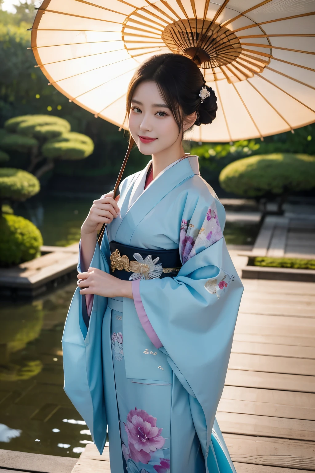 masterpiece, close up, full body a hyper-realistic masterpiece featuring a very beautiful, atractive smile, elegant woman wearing traditional Japanese clothing. Hyperdetailed face, She holds a colorful umbrella and walks into a palace. The scene is inspired by ancient Japanese beauties and princesses, with a harmonious blend of traditional Japanese art. The image is of the highest quality, ultra-high definition (UHD), and captures the essence of Japan’s Emperor’s dynasty, UHD, best resolution, portrait, 28K.
