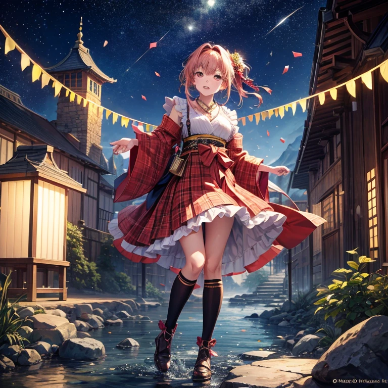 Pink, red, brown, gold, gold hair、Red gold eyes、Hair tied up、One good looking girl、solo、anime、Checkered mini skirt、Ruffles on the skirt、Checked dress、blouse、Kimono、Black knee-high socks、Ribbon、Ribbon on waist、Teeth are visible、Sparkly Necklace、From above、Cobblestones、waterfall、Starry Sky、Midnight Moon、suspension bridge、beam、Standing still、Edo、Confetti、Kicking、Arranging stones、Uphill、An old castle built on a rocky mountain、The scenery is reflected on the water