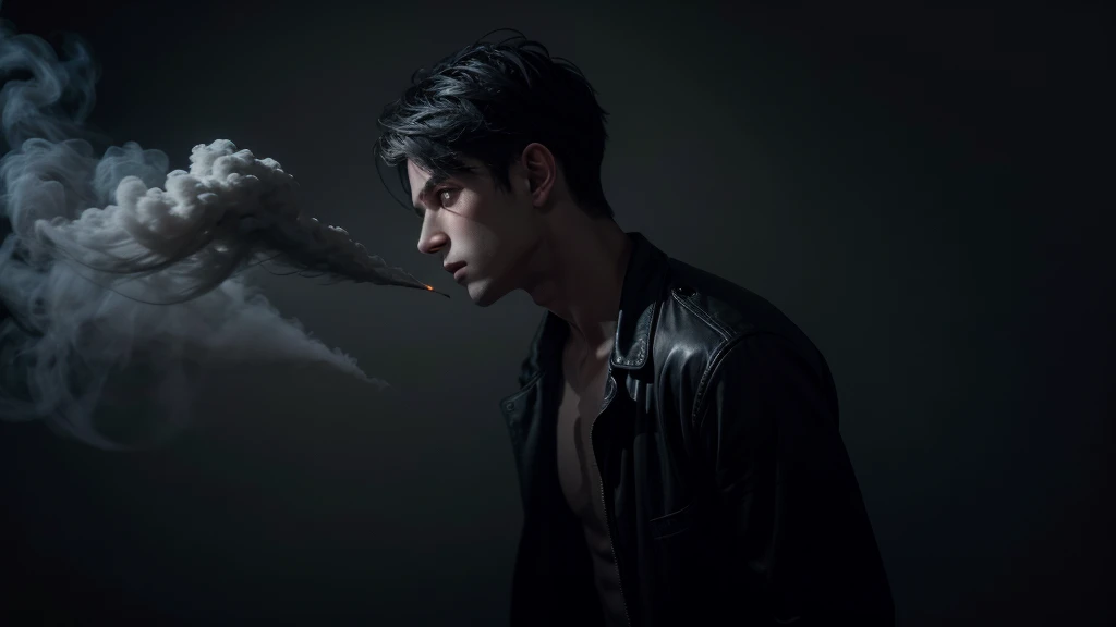 Create an image of a shadow with smoke where a male angel appears only in the shadows with a dark background surrounded by smoke, the image must contain a dark and mysterious atmosphere.