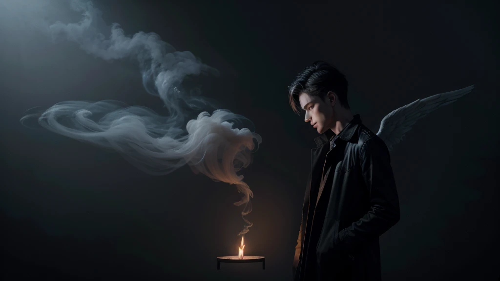 Create an image of a shadow with smoke where a male angel appears only in the shadows with a dark background surrounded by smoke, the image must contain a dark and mysterious atmosphere.