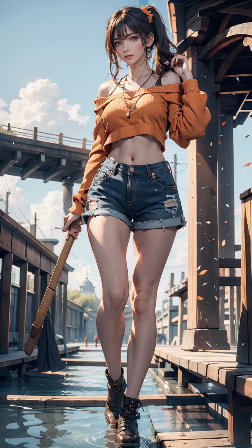 24-year-old female、Sexy proportionature female body、Bleached Hair, Model pose, Delicate skin types, Light curly hair、Hair model photo、Twin tails、Orange gradient color、Scrunchies on the wrist、Sexy proportions、Off-the-shoulder tops、Navel visible、Shorts、short boots、She is a witch、Has mastered the magic of flying、Flying on a magic broomstick just above the water、A small island on the horizon々Scattered、Clearing blue sky、