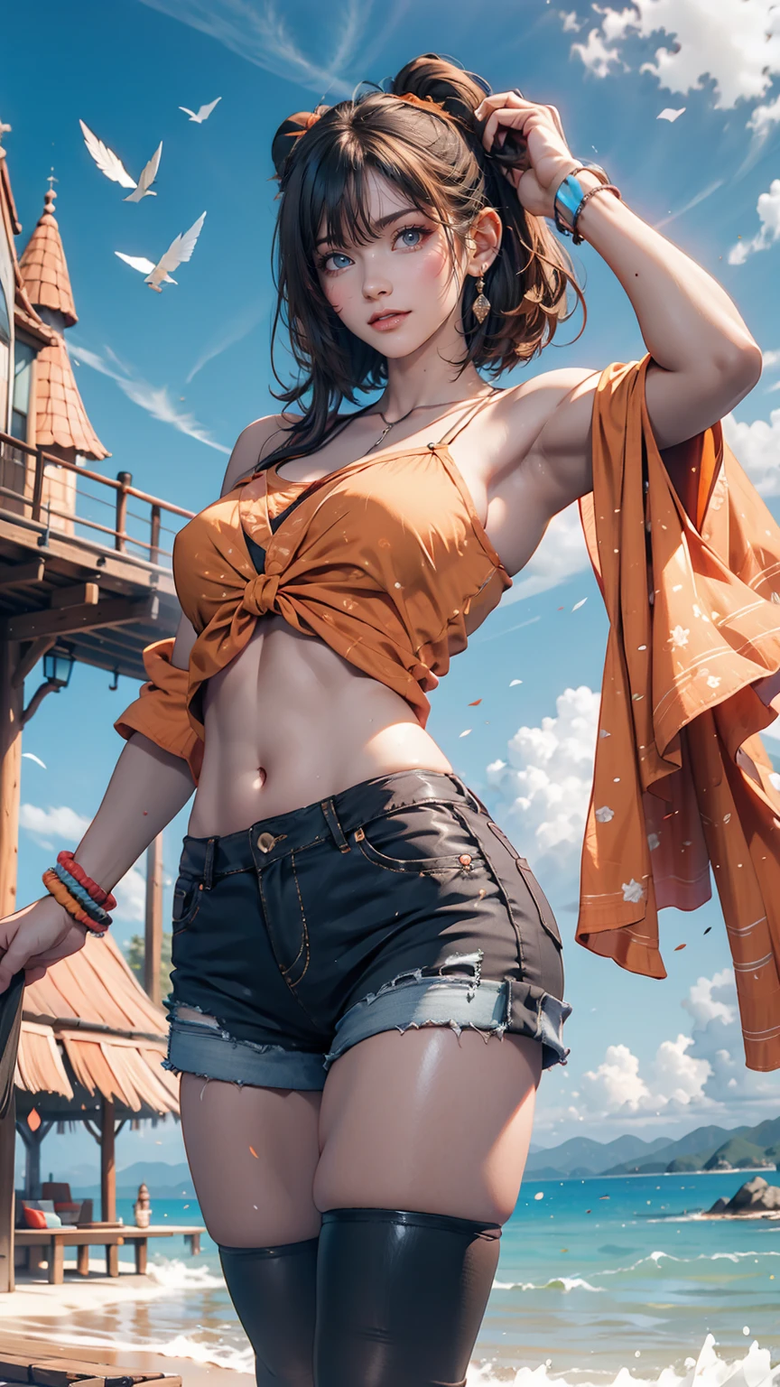 24-year-old female、Sexy proportionature female body、Bleached Hair, Model pose, Delicate skin types, Light curly hair、Hair model photo、Twin tails、Orange gradient color、Scrunchies on the wrist、Sexy proportions、Off-the-shoulder tops、Navel visible、Shorts、short boots、She is a witch、Has mastered the magic of flying、Flying on a magic broomstick just above the water、A small island on the horizon々Scattered、Clearing blue sky、