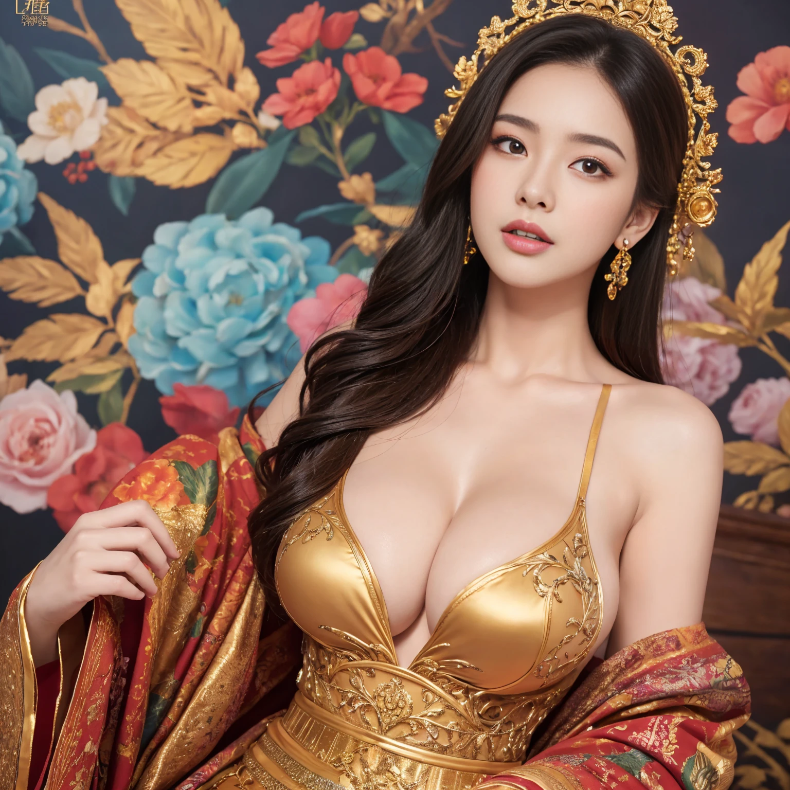 masterpiece、Highest quality、one person、Detailed_skin、Detailed_hair、Detailed、(Very large_breasts:1.2)、Very artistic mural_background、cinematic:1.35、Artistic composition、Professional composition、Lavishly decorated costume