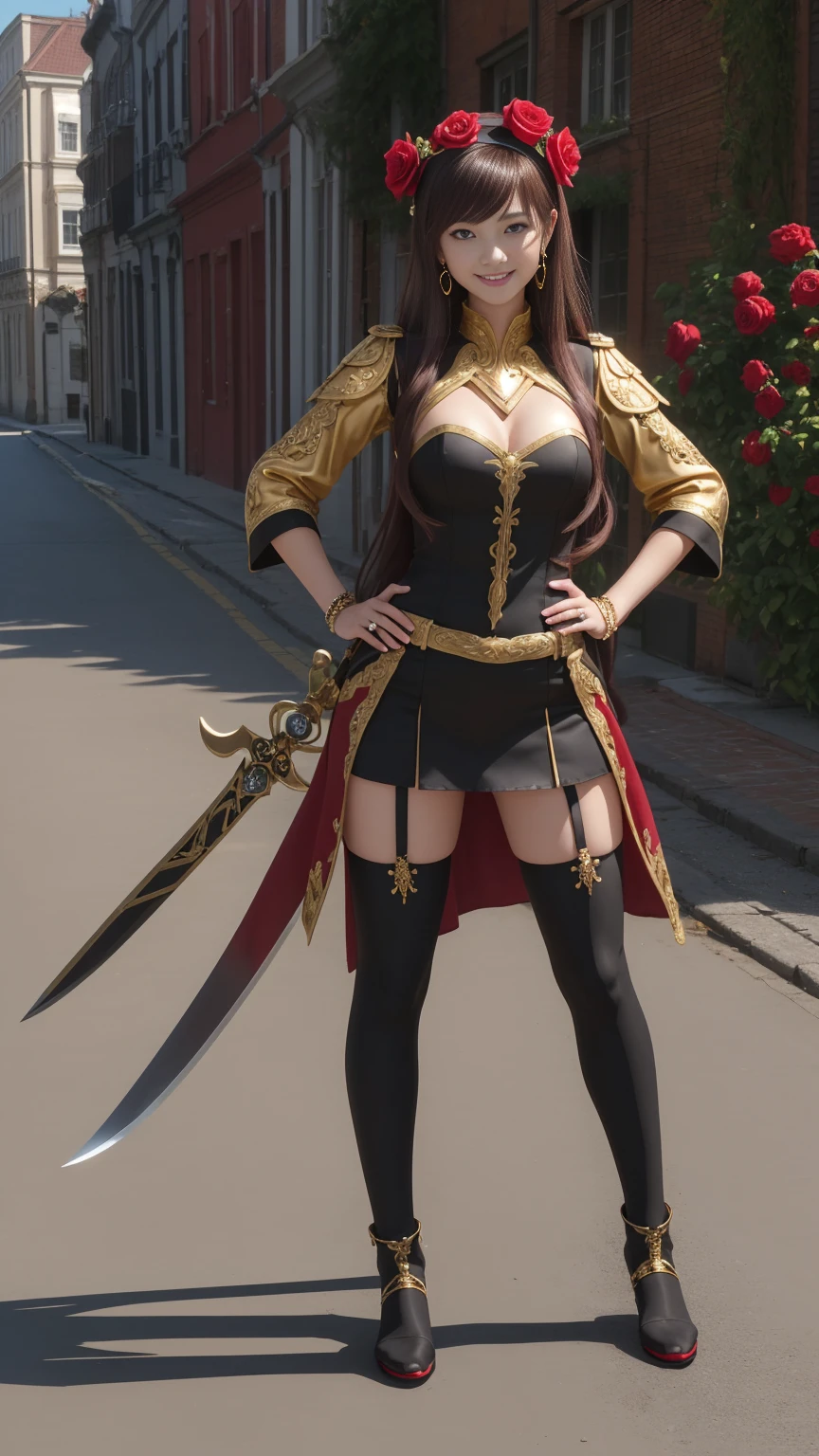 ((Full-length photo, standing, feet on the ground)) ybv1, 1girl, smile, hands on hips, hair flower, gold earrings, gold hairband, holding weapon, dual wielding, long hair, red eyes, rose, short hair with long locks, sidelocks, black thighhighs, thighhighs