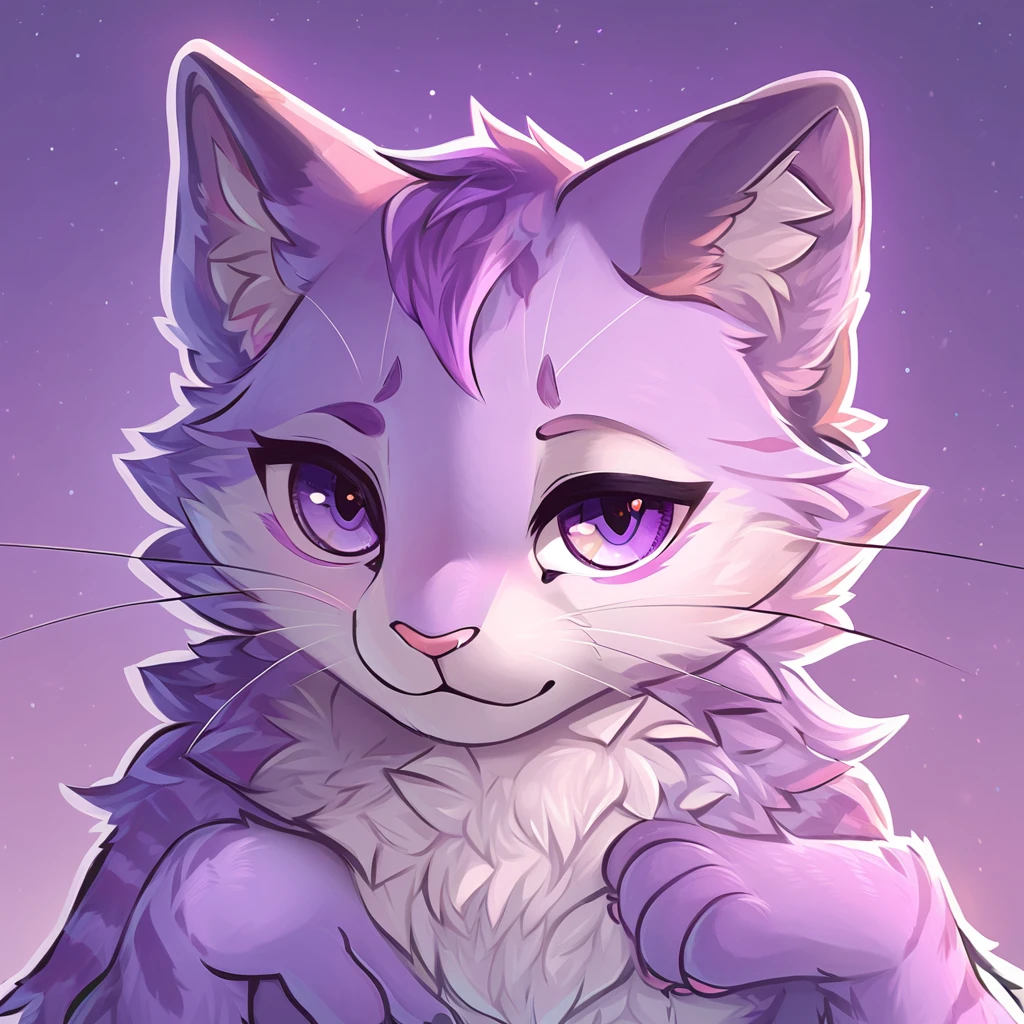 adult, feline, mammal, anthro, anthropomorphic, cat, striped, fur, striped_feline, fur, male, light_purple_fur, purple_hair, fluffy, white_chest, shy, small_pupils, digital_art, high_resolution, high_res, detailed, hand-drawn, pencil_lines, head_visible, background, neck_visible, seductive_face, detailed_line_work, profile_picture, head_visible, neptune_background, purple_background, cute, white, posing, finger_paws, dream_pose, headshot, head_only, small_pupils, seductive_face, tufts, paws, chest, glossy_fur, vibrant_colors, expressive_eyes, elegant_pose, high_quality
