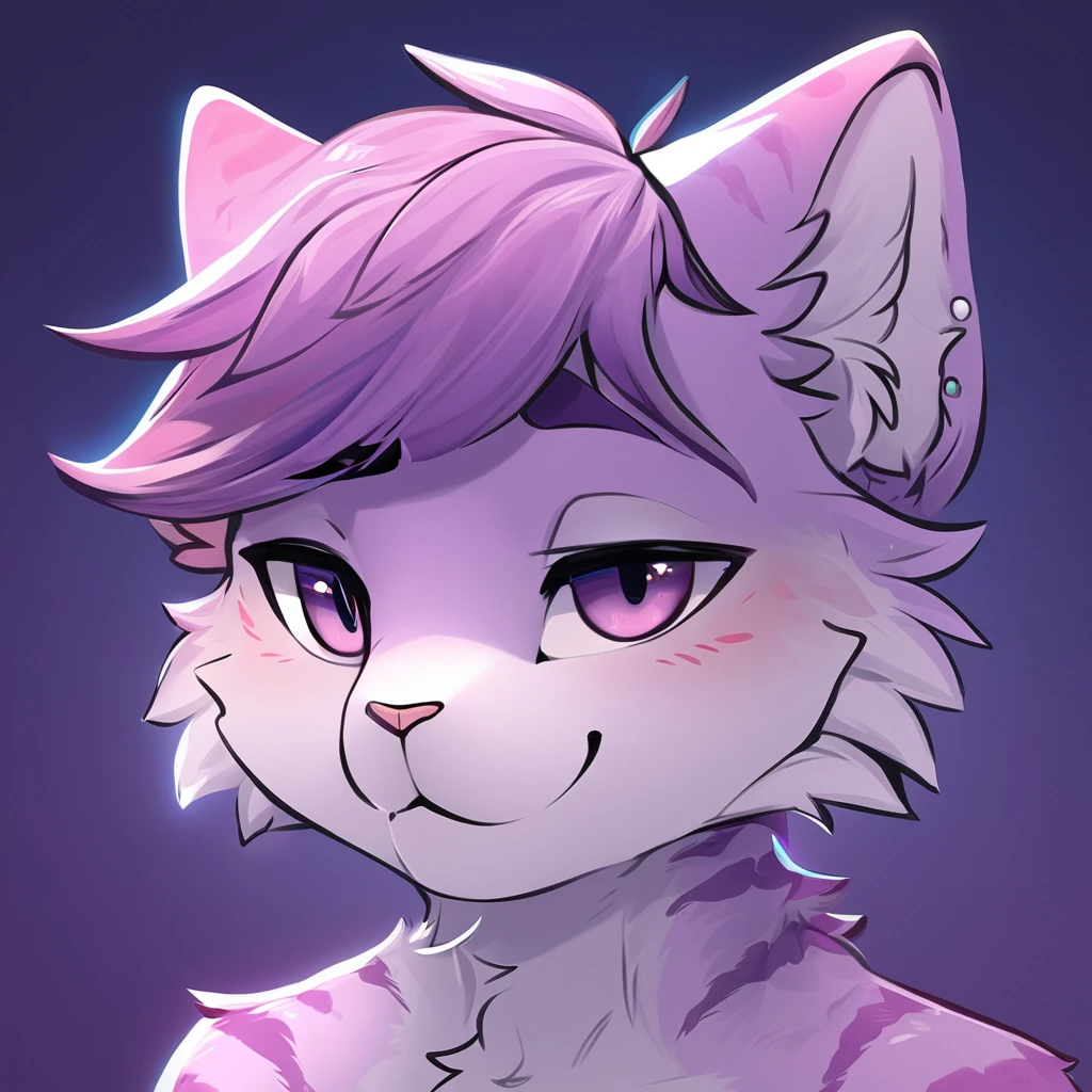 adult, feline, mammal, anthro, anthropomorphic, cat, striped, fur, striped_feline, fur, male, light_purple_fur, purple_hair, fluffy, white_chest, shy, small_pupils, digital_art, high_resolution, high_res, detailed, hand-drawn, pencil_lines, head_visible, background, neck_visible, seductive_face, detailed_line_work, profile_picture, head_visible, neptune_background, purple_background, cute, white, posing, finger_paws, dream_pose, headshot, head_only, small_pupils, seductive_face, tufts, paws, chest, glossy_fur, vibrant_colors, expressive_eyes, elegant_pose, high_quality
