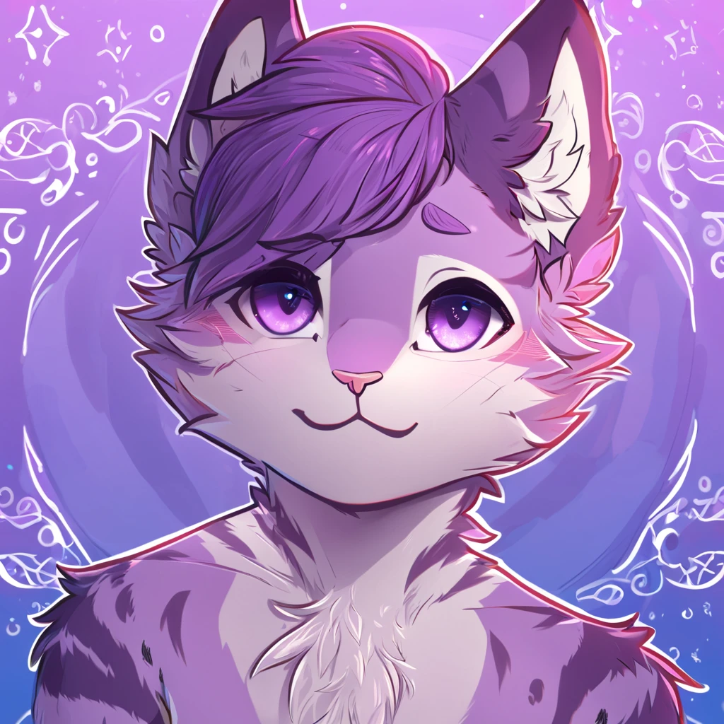 adult, feline, mammal, anthro, anthropomorphic, cat, striped, fur, striped_feline, fur, male, light_purple_fur, purple_hair, fluffy, white_chest, shy, small_pupils, digital_art, high_resolution, high_res, detailed, hand-drawn, pencil_lines, head_visible, background, neck_visible, seductive_face, detailed_line_work, profile_picture, head_visible, neptune_background, purple_background, cute, white, posing, finger_paws, dream_pose, headshot, head_only, small_pupils, seductive_face, tufts, paws, chest, glossy_fur, vibrant_colors, expressive_eyes, elegant_pose, high_quality