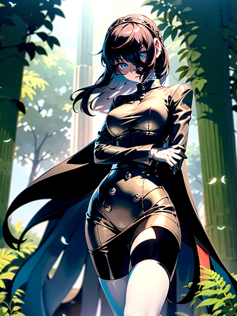 aegis, gloves, high heels, Fern, medium length hair, bright eyes, (pupils), looking down, straight-on, expressionless, crossed arms, standing, large hips, microwaist, large breasts, ultra detailed, masterpiece, best quality, aesthetic, detailed, goth:0.5, punk:0.5