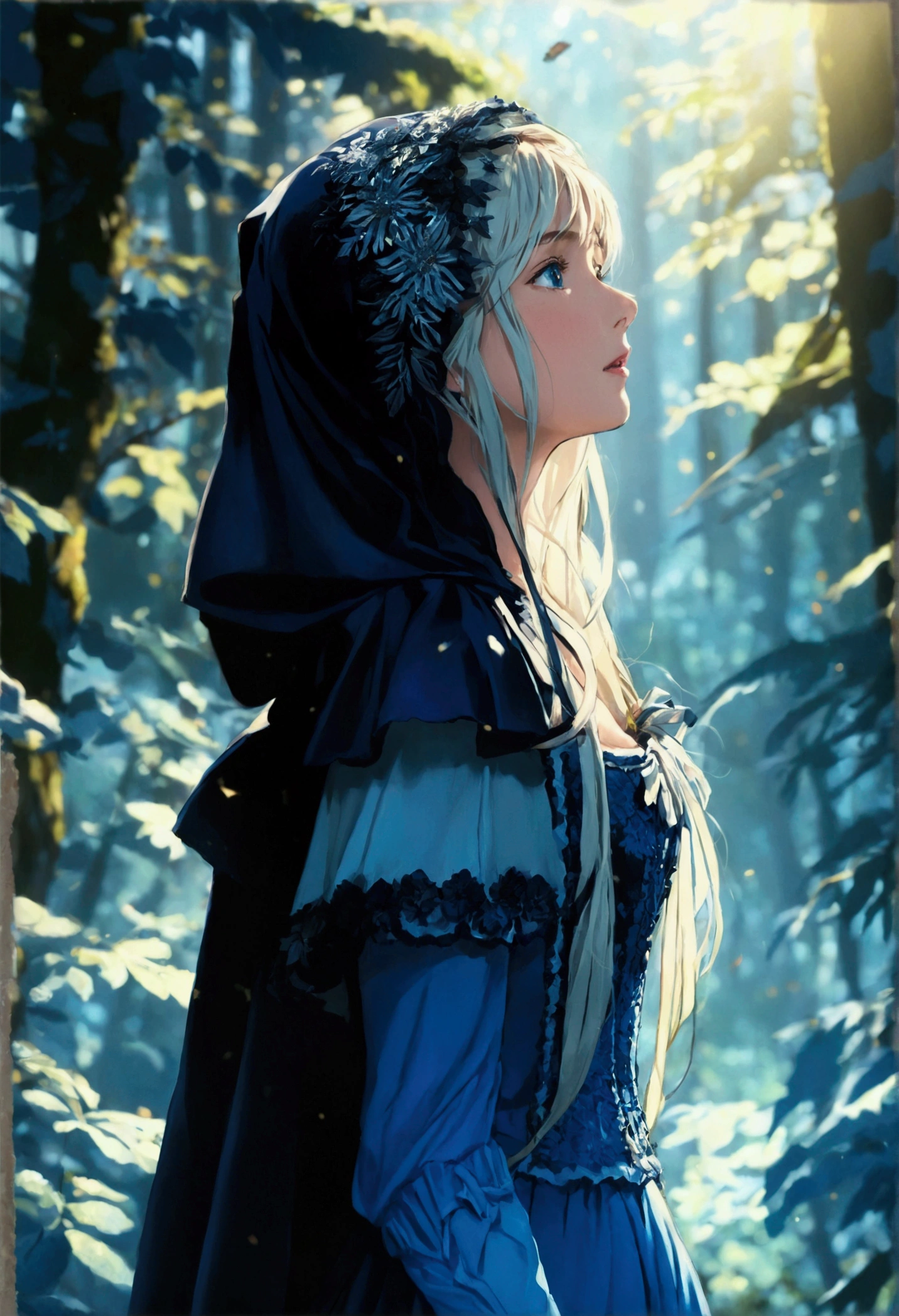 masterpiece, best quality, marianne_timeskip, blue dress, capelet, dark alpine forest, standing, night, looking up, upper body, detailed face