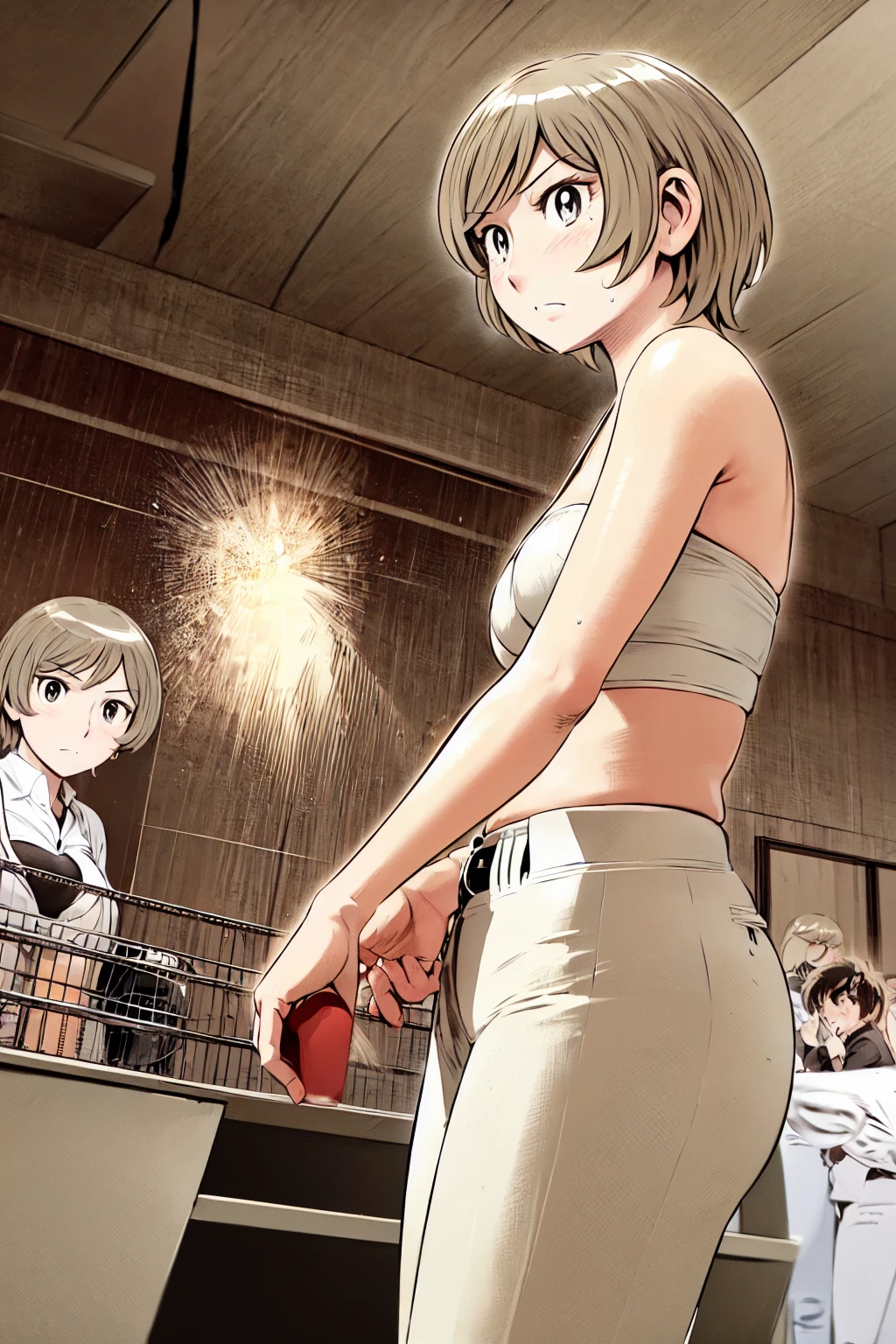(Baseball uniforms:1.2),
blonde, (short hair:1.2),White trousers、Black belt、((Illustration of people))、Tube top bra、
View your viewers,, (Highest quality:1.3), White pants、Outdoor、baseball ground、ground、soil、blue eyeasterpiece、Highest quality)、Highest quality, Ultra-high resolution, (((masterpiece))), alone, Sweat、Big eyes、Large breasts、Torn clothes、 Fully exposed、Nipples、One Girl, Front view、Embarrassed face、Bronze colored hair、((short hair))、Stand up straight、Cowboy Shot