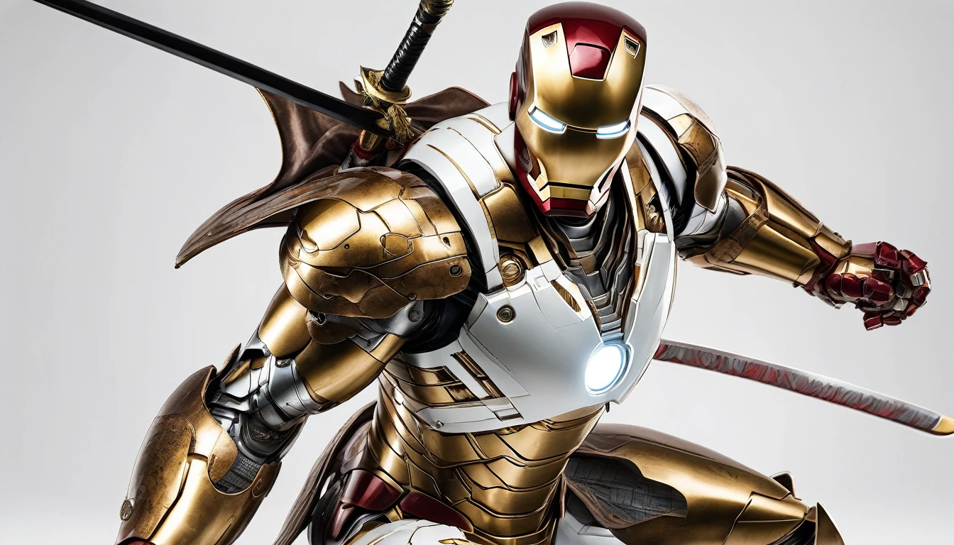 A highly detailed, photorealistic image of an Iron Man figure with a white and gold color scheme, holding a Katana sword, set in a Japanese-inspired setting with a ronin theme, on a plain white background, masterfully rendered in 4K ultra-high resolution.