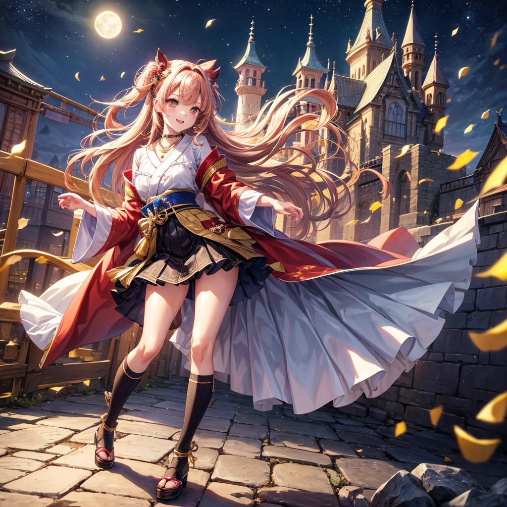 Pink, red, brown, gold, gold hair、Red gold eyes、Hair tied up、One good looking girl、solo、anime、Checkered mini skirt、Ruffles on the skirt、Checked dress、blouse、Kimono、Black knee-high socks、Ribbon、Ribbon on waist、Teeth are visible、Sparkly Necklace、From above、Cobblestones、waterfall、Starry Sky、Midnight Moon、suspension bridge、beam、Standing still、Edo、Confetti、Kicking、Arranging stones、Uphill、An old castle built on a rocky mountain、The scenery is reflected on the water