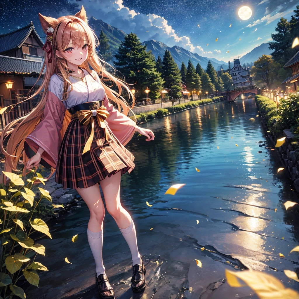 Pink, red, brown, gold, gold hair、Red gold eyes、Hair tied up、One good looking girl、solo、anime、Checkered mini skirt、Ruffles on the skirt、Checked dress、blouse、Kimono、Black knee-high socks、Ribbon、Ribbon on waist、Teeth are visible、Sparkly Necklace、From above、Cobblestones、waterfall、Starry Sky、Midnight Moon、suspension bridge、beam、Standing still、Edo、Confetti、Kicking、Arranging stones、Uphill、An old castle built on a rocky mountain、The scenery is reflected on the water