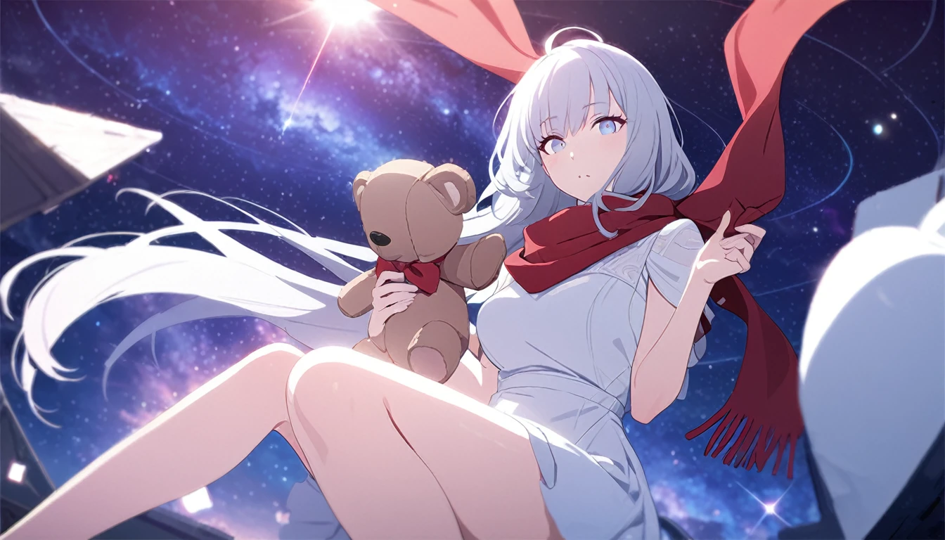 (((masterpiece))), (((best quality))),(((high detail))),light manipulation, girl with long silver hair, gradient purple to sky blue eyes, wearing a white dress, a red scarf, galaxy background, holding a teddy bear, feet, no footwear