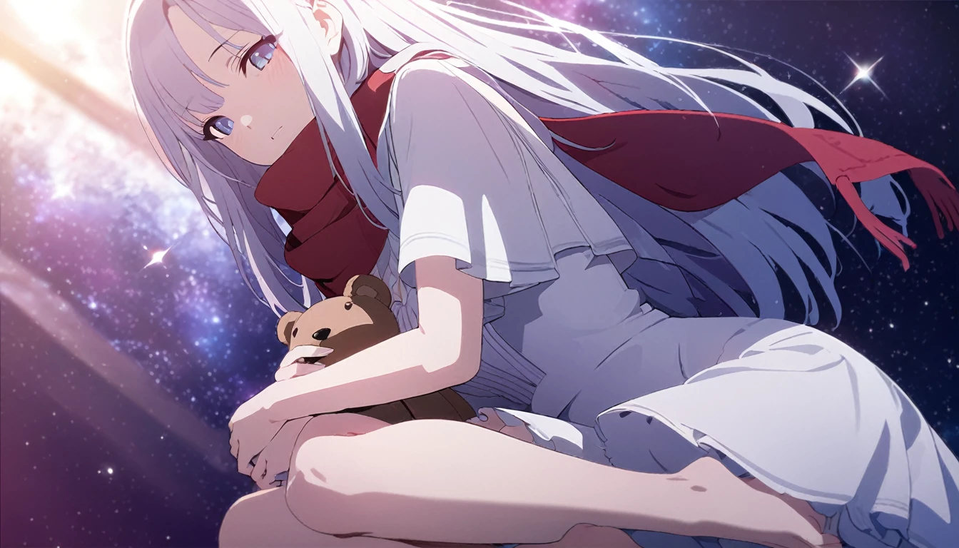 (((masterpiece))), (((best quality))),(((high detail))),light manipulation, girl with long silver hair, gradient purple to sky blue eyes, wearing a white dress, a red scarf, galaxy background, holding a teddy bear, feet, no footwear