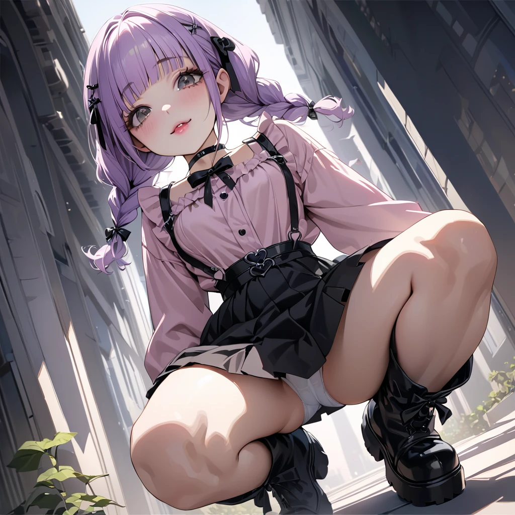 masterpiece, ultra detailed, 8K, solid blue Skyscrapers background, full body shot, Angle looking up from below.happy, a girl, kawaii, light atmosphere, mysterious atmosphere, (Cute a mesugaki girl:1.5), (a girl with closs hair pin,pale purple hair,wavy two braids,bluntbangs hair,green and black eyes,
pink shirt,cosplay, jirai kei, bangs, black skirt, black bow, looking at viewer, bow, long sleeves, choker, ribbon,pink lips,Thick-soled boots,fullbody shot :1.4),A mischievous smile, fangs, licking lips,
(masterpiece:1.3), anime visual, (Lovey-dovey:1.5), (tilt head:1.3), extremely delicate face, soft clean focus, realistic lighting and shading, (an extremely delicate and beautiful art:1.3), elegant, (muted colors:1.1), small breast,slim,Angle from the ground, a girl squatting,look at viewer,from front, focus white panty,Sitting on the viewer's face, looking down on the viewer,