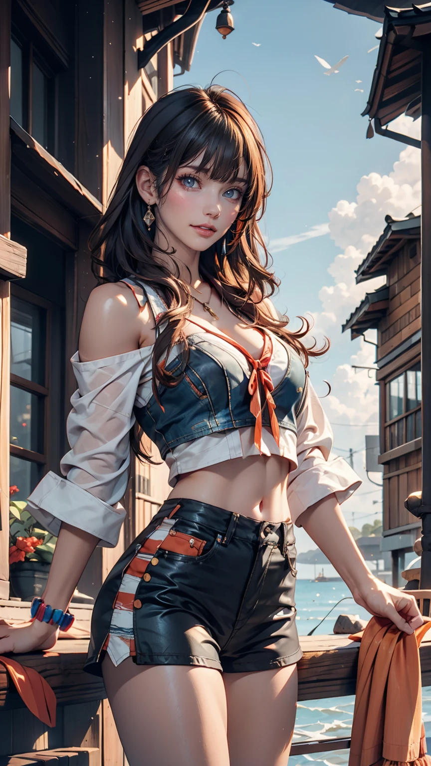 24-year-old female、Sexy proportionature female body、Bleached Hair, Model pose, Delicate skin types, Light curly hair、Hair model photo、Twin tails、Orange gradient color、Scrunchies on the wrist、Sexy proportions、Off-the-shoulder tops、Navel visible、Shorts、short boots、She is a witch、Has mastered the magic of flying、Flying on a magic broomstick just above the water、A small island on the horizon々Scattered、Clearing blue sky、
