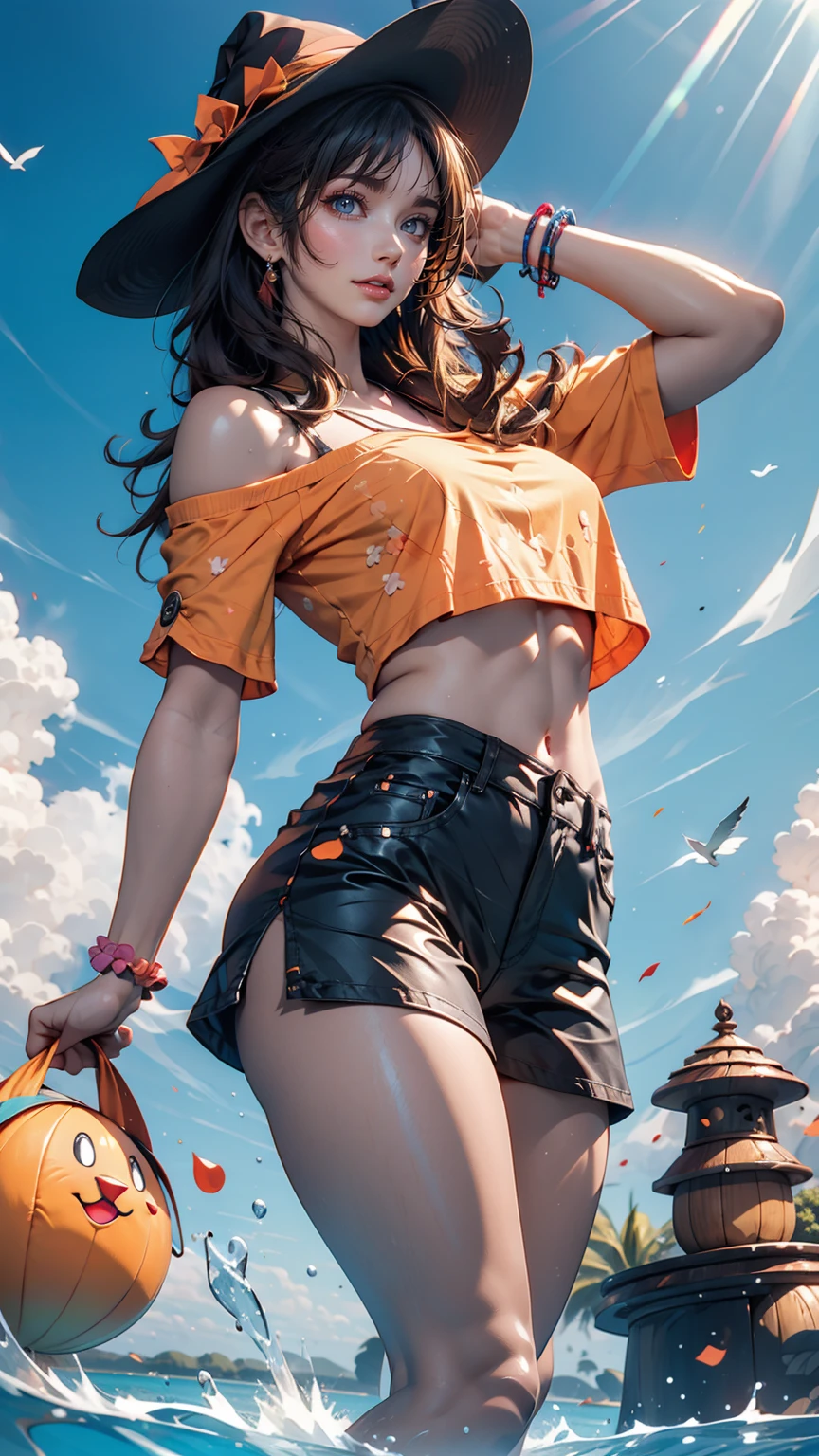 24-year-old female、Sexy proportionature female body、Bleached Hair, Model pose, Delicate skin types, Light curly hair、Hair model photo、Twin tails、Orange gradient color、Scrunchies on the wrist、Sexy proportions、Off-the-shoulder tops、Navel visible、Shorts、short boots、She is a witch、Has mastered the magic of flying、Flying on a magic broomstick just above the water、A small island on the horizon々Scattered、Clearing blue sky、