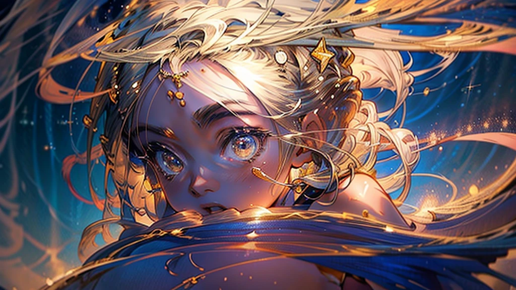 An anime girl, cute and wearing a summer dress, stands in the middle of a beach at night. The sky above is adorned with countless stars, creating a breathtakingly beautiful scene.