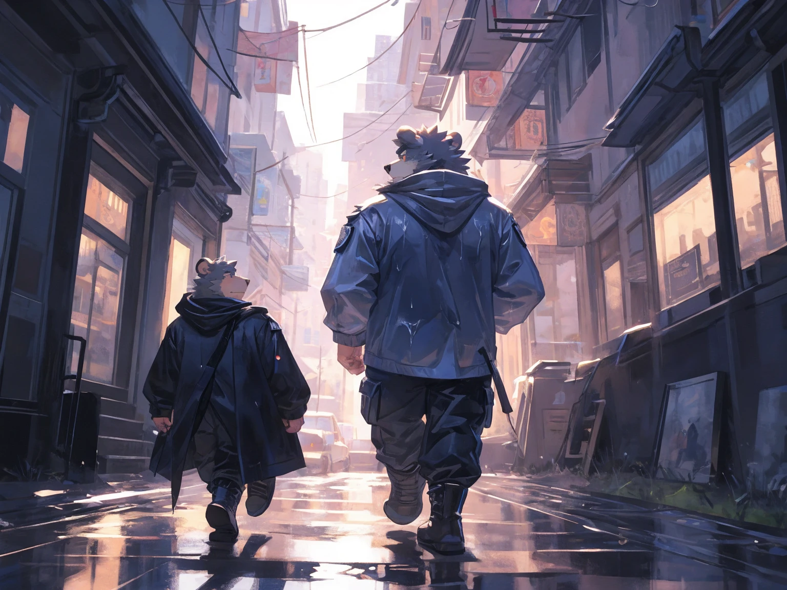 (masterpiece:1.2), best quality,pixiv,official art,perfect ???????, (Ray tracing, light),solo, (1_male:1.3) , (muscle), (grey fur:1.4), (muscle bear), (beard:1.2), (gleaming golden eyes), bear tail, full body, Thick black eyebrows,(open hooded parka), (naked inside), (cargo pants:1.2), boots , rainy day, fog , wet body , storm, black cloud, city, plaza , square , unhappy