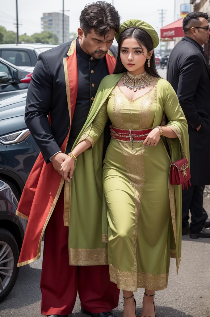 Girl dressed in a piata next to a strong man in a dress