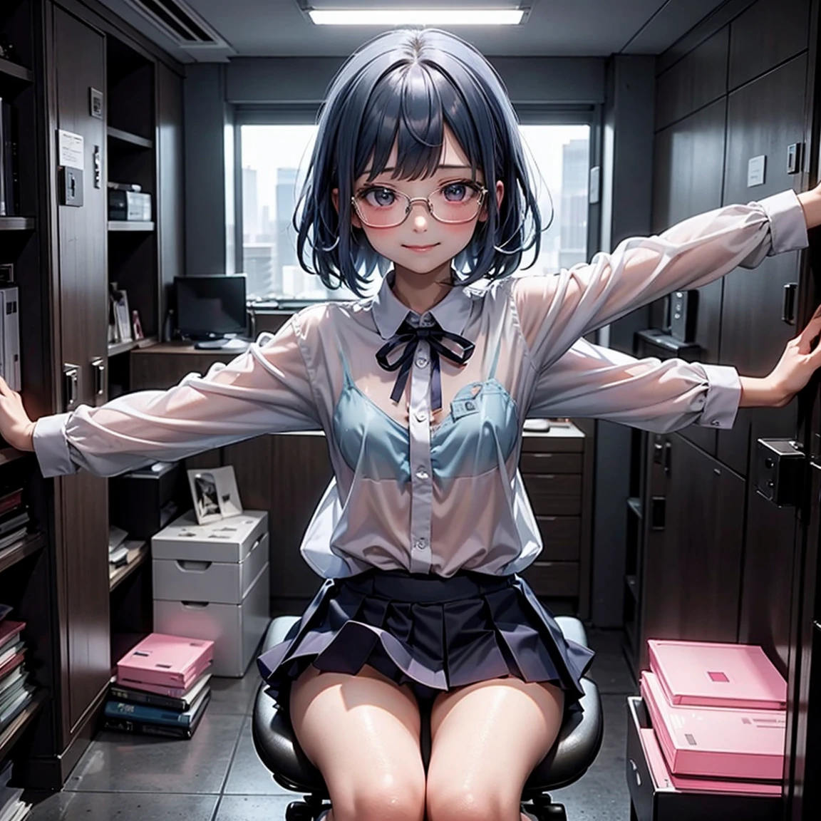 One woman（10 years old）、Short、Young face、smile、Long, blue hair、Thin glasses、White clothes、See-through shirt、ribbon、Short pleated skirt、Pink underwear、loose socks、Inside a skyscraper office at night、Spread your legs、Thin and lean legs、both hands tied and restrained