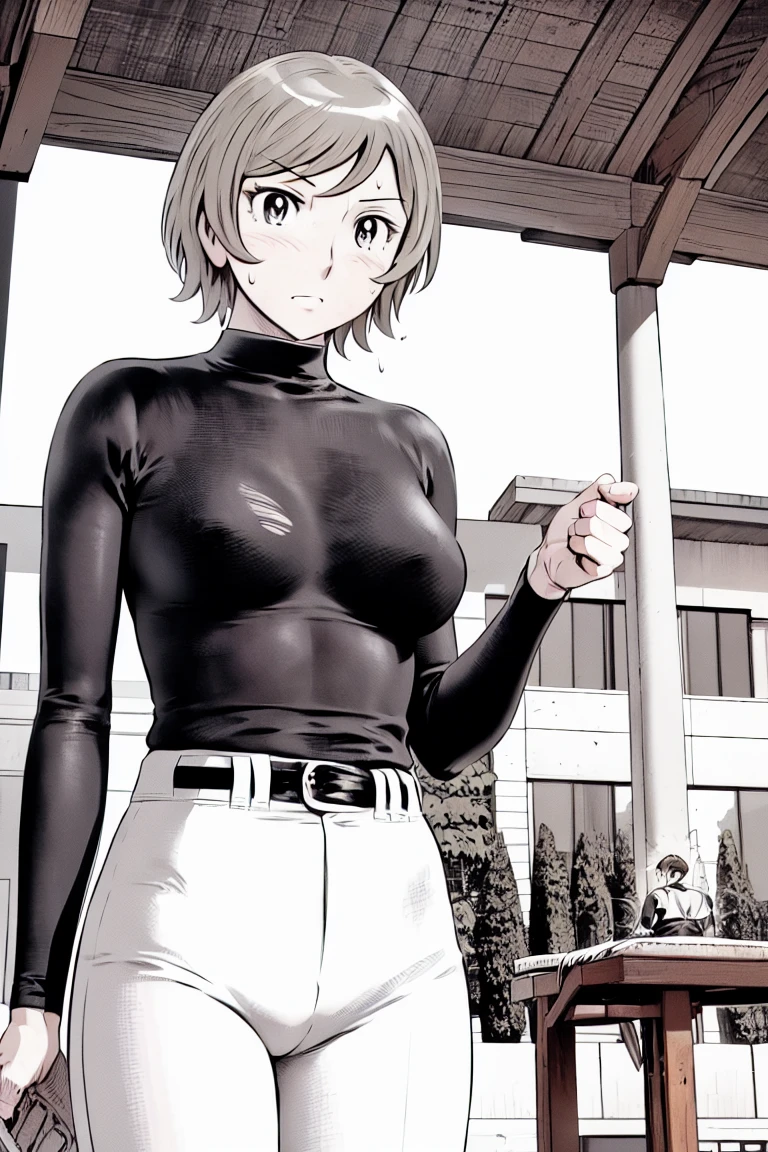 (野球uniform:1.2),
blonde, (short hair:1.2),Long sleeve, Black Shirt, turtleneck,White trousers、uniform、Black belt、((Illustration of people))、big 、Covered in mud、Soil stains、ドロドロのuniform、
View your viewers,, (Highest quality:1.3),One Girl, White pants、uniform、Outdoor、baseball ground、ground、soil、blue eyes、Tight black shirt、(masterpiece、Highest quality)、Highest quality, Ultra-high resolution, (((masterpiece))), alone, Sweat、big eyes、big Breasts、Torn clothes、 Fully exposed、Nipples、One Girl, Front view、Embarrassed face、Bronze colored hair、((short hair))、Stand up straight、Cowboy Shot