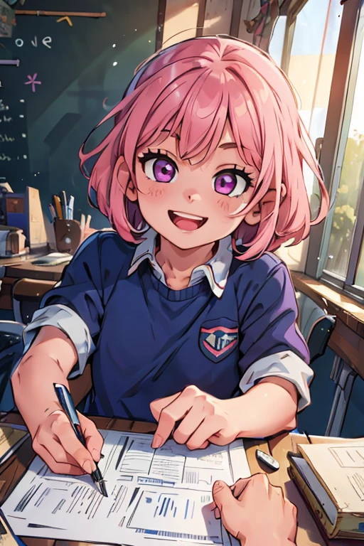 One girl. Perfect face. Perfect hands. A pink haired girl with violet eyes wearing a navy uniform is sitting on a school desk with a big smile