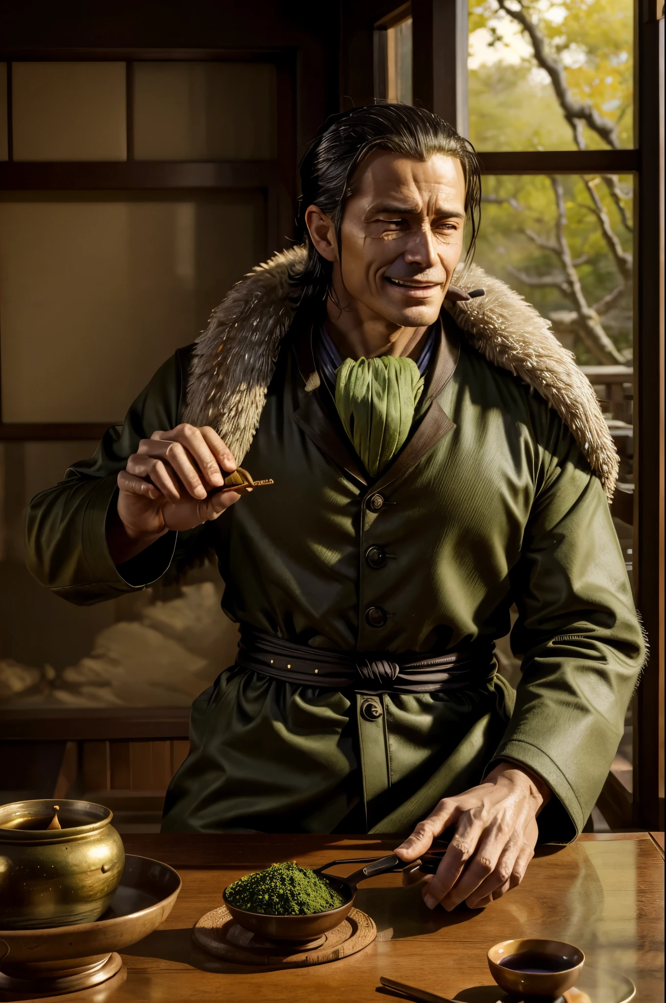 masterpiece, best quality, extremely detailed, hyperrealistic, photorealistic, a cool 40s man, ultra detailed face:1.2, fur-trimmed coat, scarf around the neck, his left hand is a golden pirate hook:1.1, cigar, sly smile, ryokan, traditional japanese tea house, traditional japanese room, japanese style table, tea master prepares matcha with meticulous precision, the serene garden visible through sliding doors