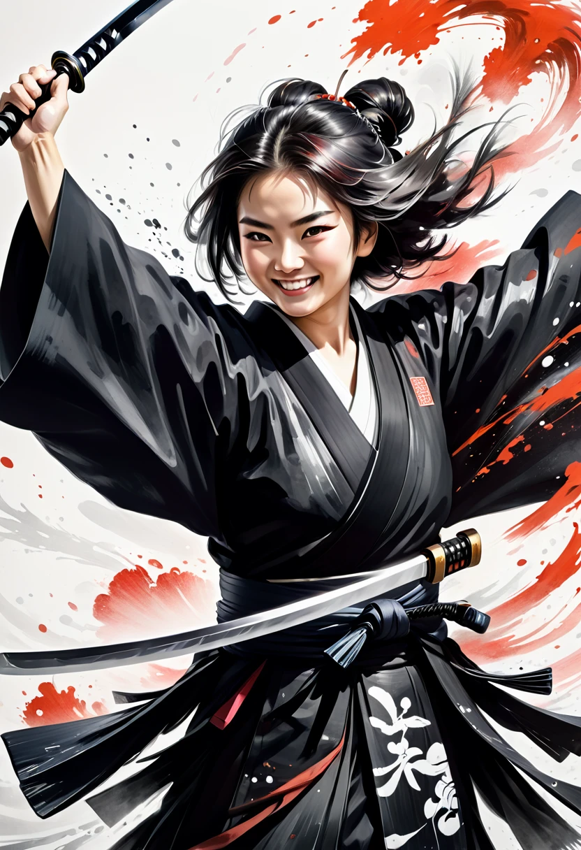 Ink painting,Black and white painting,splash,((smile)),Medium Hair,Samurai,Black kimono,haori,(Intense sword fighting scene with outstretched arms),Drawing strokes drawn with rot ring 0,Dynamic movement and powerful brushstrokes、