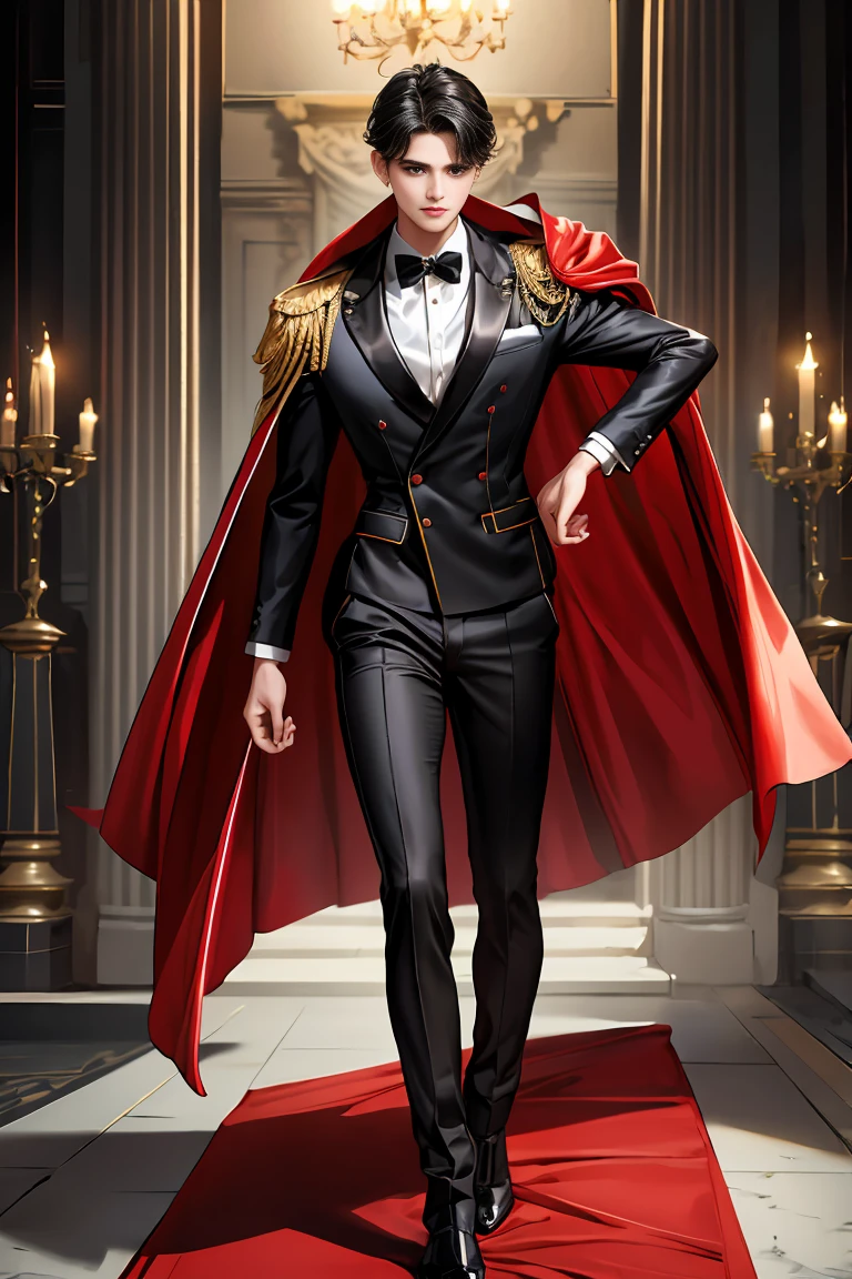 
masterpiece, 最high quality, high quality, 1 boy, alone, Male focus, Watching the audience,  Messy black hair, Adorable big blue eyes, White people, Noble, Noble,Sexy voluminous black and red cape、Tuxedo、A very voluminous, large, very large, very large, long, long red and black cape with a high stand-up collar, reaching down to the floor, made of a lot of fabric., ,Cute beautiful boys,Cute, cute, kind, handsome guy