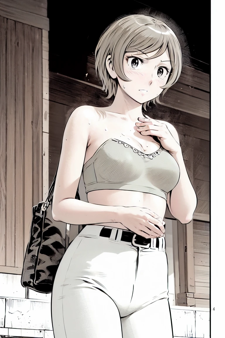 (Baseball uniforms:1.2),
blonde, (short hair:1.2),White trousers、Black belt、((Illustration of people))、Tube top bra、
View your viewers,, (Highest quality:1.3), White pants、Outdoor、baseball ground、ground、soil、blue eyeasterpiece、Highest quality)、Highest quality, Ultra-high resolution, (((masterpiece))), alone, Sweat、Big eyes、Large breasts、Torn clothes、 Fully exposed、Nipples、One Girl, Front view、Embarrassed face、Bronze colored hair、((short hair))、Stand up straight、Cowboy Shot