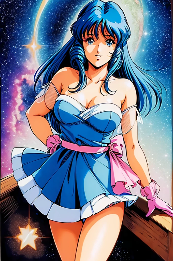 ((((Masterpiece ,Best Quality, Highest quality realistic retro anime......)))),(((lynn minmay))), blue dress, top wo nerae!, 1 girl, alone, ((hyper realistic long blue fur)), looking at the viewer, SMILE, Hits,shirt, ((Very detailed and realistic light blue eyes.)), Closed mouth, blue fur,, lips, separate blows, eyelashes, make up, light SMILE, lipstick, portrait, close up, ((retro Best Quality, Hyperrealistic art of the highest qualityStyle)), 1980s ,fine blue hair with very real details))exterior,((lynnminmay,1 girl,Alone,black fur, idol,Short white dress,off the shoulder, pink gloves, pink bow at the waist, White mini skirt, pink boots, standing,whole body, starry_sky)), eyelashes, make up, light SMILE, lipstick, portrait, close up, ((retro Best Quality, Hyperrealistic art of the highest qualityStyle)), 1980s (realistic style)