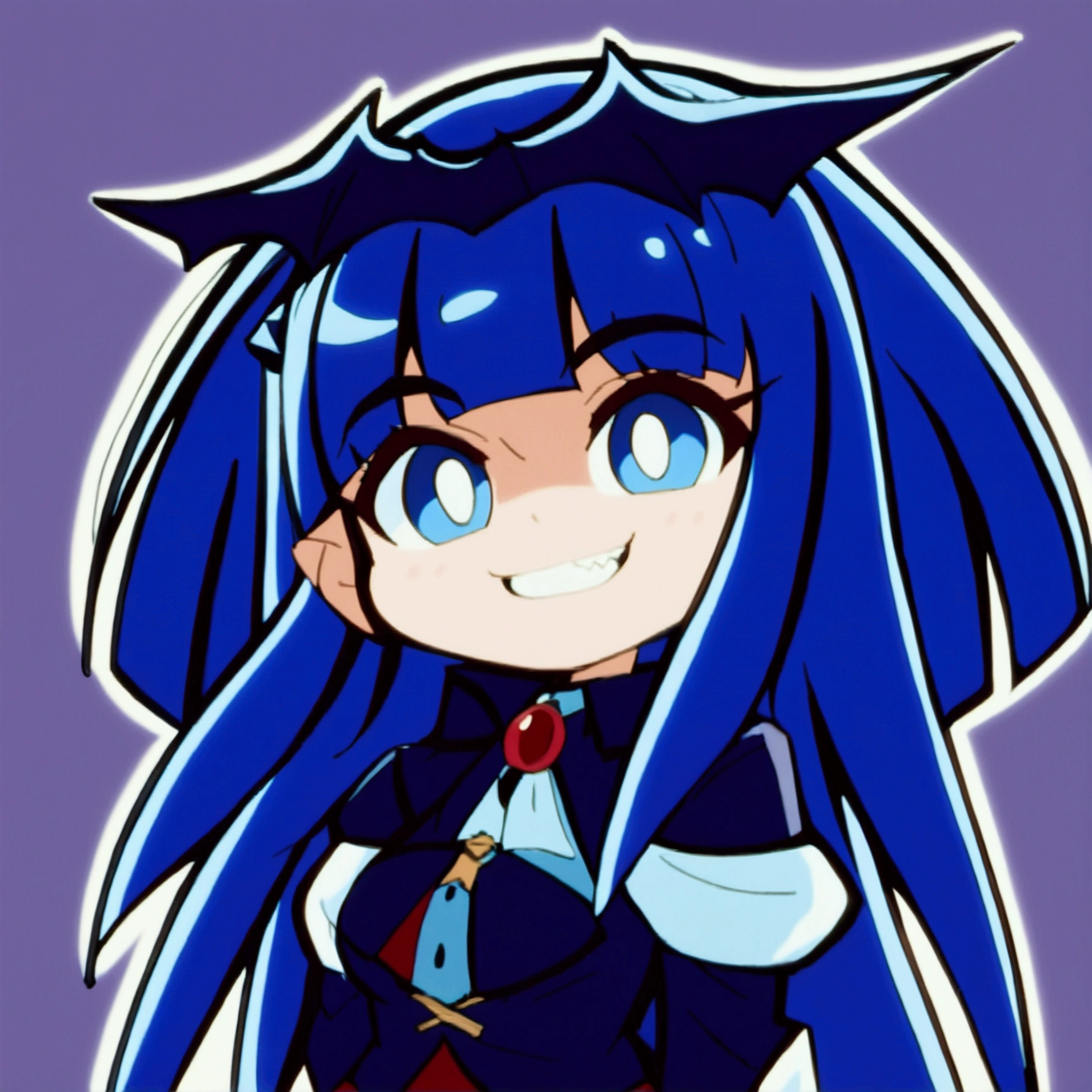 Close-up of a cartoon character with blue hair and blue outfit, anime moe artstyle, 2D anime style, [[[[grinning evilly]]]], , cel - shaded art style, I&#39;ll do fanart too, nasty grin, hero 2d fanart art, chibi, vampire