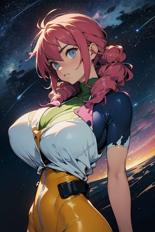 (masterpiece, top quality), (medium),official art, beautiful and aesthetic:1.2),(feldt:1.3), (fractal art:1.3),upper body, gundam00, pink hair, yellow bodysuit, from side, (slendered abs:1.2), looking at viewer,(((starry sky))), stars in the background, purple shoulders,((black gloves)),((gigantic breasts:1.5)), (drill hair buns),((ultra detail eyes:1.5)),((extremely detailed CG unity 8k wallpaper,masterpiece, best quality)), ((ultra-detailed:1.5)),(best illumination, best shadow, an extremely delicate and beautiful),(extremely detailed CG unity 8k wallpaper,masterpiece, best quality, ultra-detailed),(best illumination, short hair, best shadow, an extremely delicate and beautiful),(perfect body: 1.5),(masterpiece), digital art, otherworldly, a burst of color, explosive energy, chaotic beauty, (hair flowing:1.2, hair glowing), (background: broken, shattered, fractured), (light: flickering, pulsating, radiating).