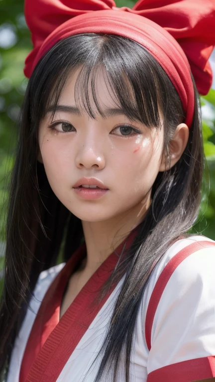 nakorurums, red bow, bow, red hairband, hairband, hair fringe, long hair, ainu clothes, fingerless gloves, short sleeves, kunoichi, katana zero video game character, amaterasu, skin pores texture, cute, wrinkled skin, sharp, 15 years old, A painful look, Mouth restrained, close your eyes, crying, (Asian girl:1.2), (Realistic hair:1.2), (realistic eyes:1.2), (Beauty face:1.3), (detailed face and eyes):1.2, (freckles:0.5), perfect body, perfect hands, perfect face, perfect eyes, Best quality, ultra highres, (realistic, photo-realistic:1.33), (8k, RAW photo, best quality, masterpiece:1.2), wide shot, 135mm, Canon, UHD, textured skin, super detail, high details, high quality, best quality, highres, 16k