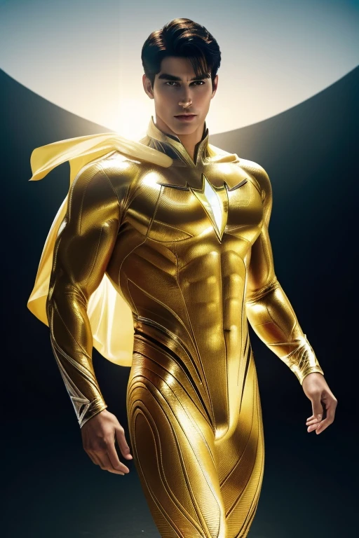 Full full body photorealistic An Alien handsome hunky masculine man from Krypton. Blonde hair , Super Athletic body. translucent eyes and prominent cheekbones. Wearing a form-fitting yellow and gold biomorphic bodysuit. With embossed sun on the chest, Futuristic Kryptonian background. intricate details, beautifully shot, hyperrealistic, sharp focus, 64 megapixels, perfect composition, high contrast, cinematic, atmosphericFull full body photorealistic An Alien handsome hunky masculine man from Krypton. Dark hair , Super Athletic body. translucent eyes and prominent cheekbones. Wearing a form-fitting white biomorphic bodysuit. With embossed crescent moon on the chest, Futuristic Kryptonian background. intricate details, beautifully shot, hyperrealistic, sharp focus, 64 megapixels, perfect composition, high contrast, cinematic, atmospheric